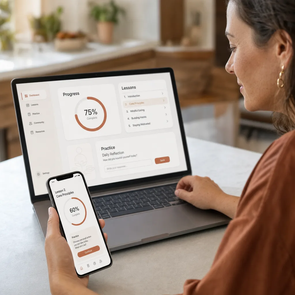 Inside the program: course dashboard with modules, lessons and reference guides